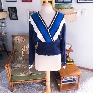 Retro Sweater Blue Stripe Trim V-neck Rockabilly Pinup M L 1950s Style
